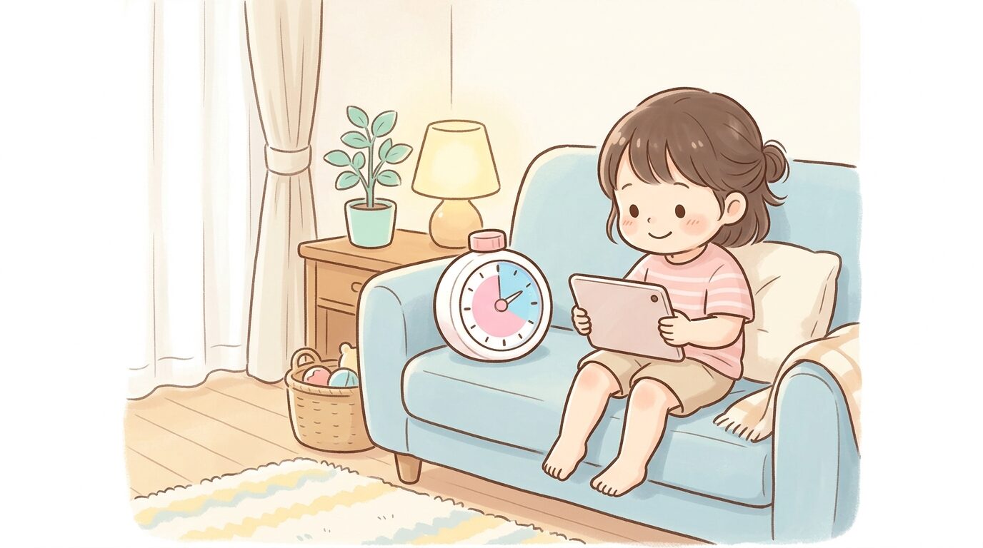 ソファでタブレットを見る子どもの横に置かれた視覚型タイマー、リビングの温かい雰囲気
