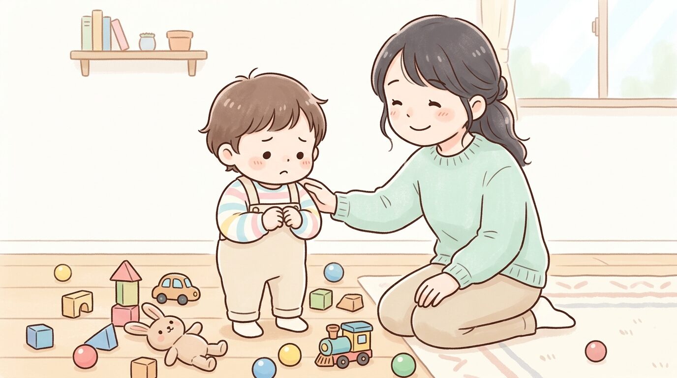 散らかったおもちゃを見て困った表情をする3歳くらいの子どもと、隣でやさしく見守る母親の様子