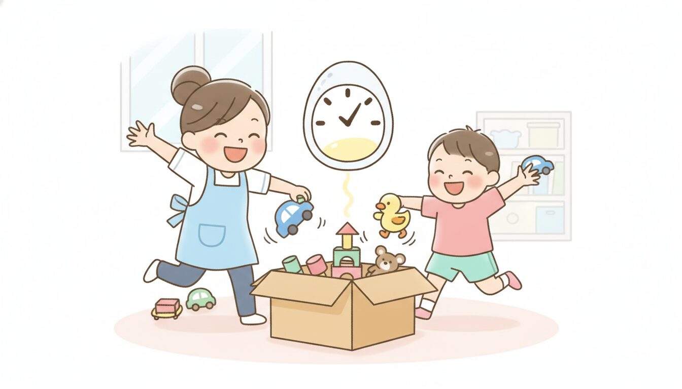 タイマーを見ながら親子でおもちゃを箱に入れる競争をしている楽しそうなシーン