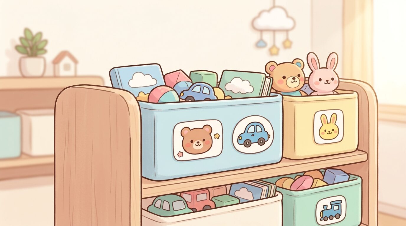 おもちゃ箱に動物や車のイラストが描かれたラベルが貼られている収納棚のクローズアップ