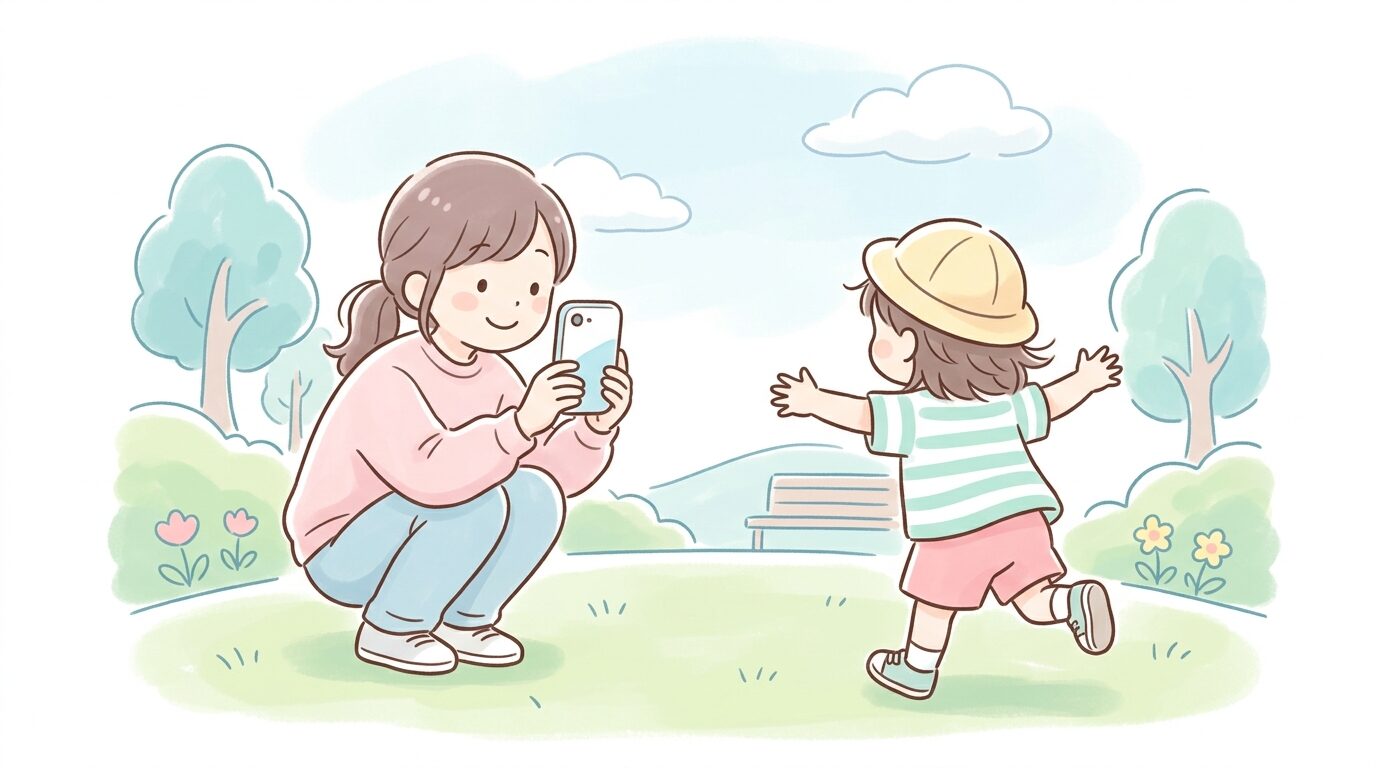 公園でしゃがんで子どもと同じ目線でスマートフォンを構える親と、楽しそうに走る3歳児の後ろ姿