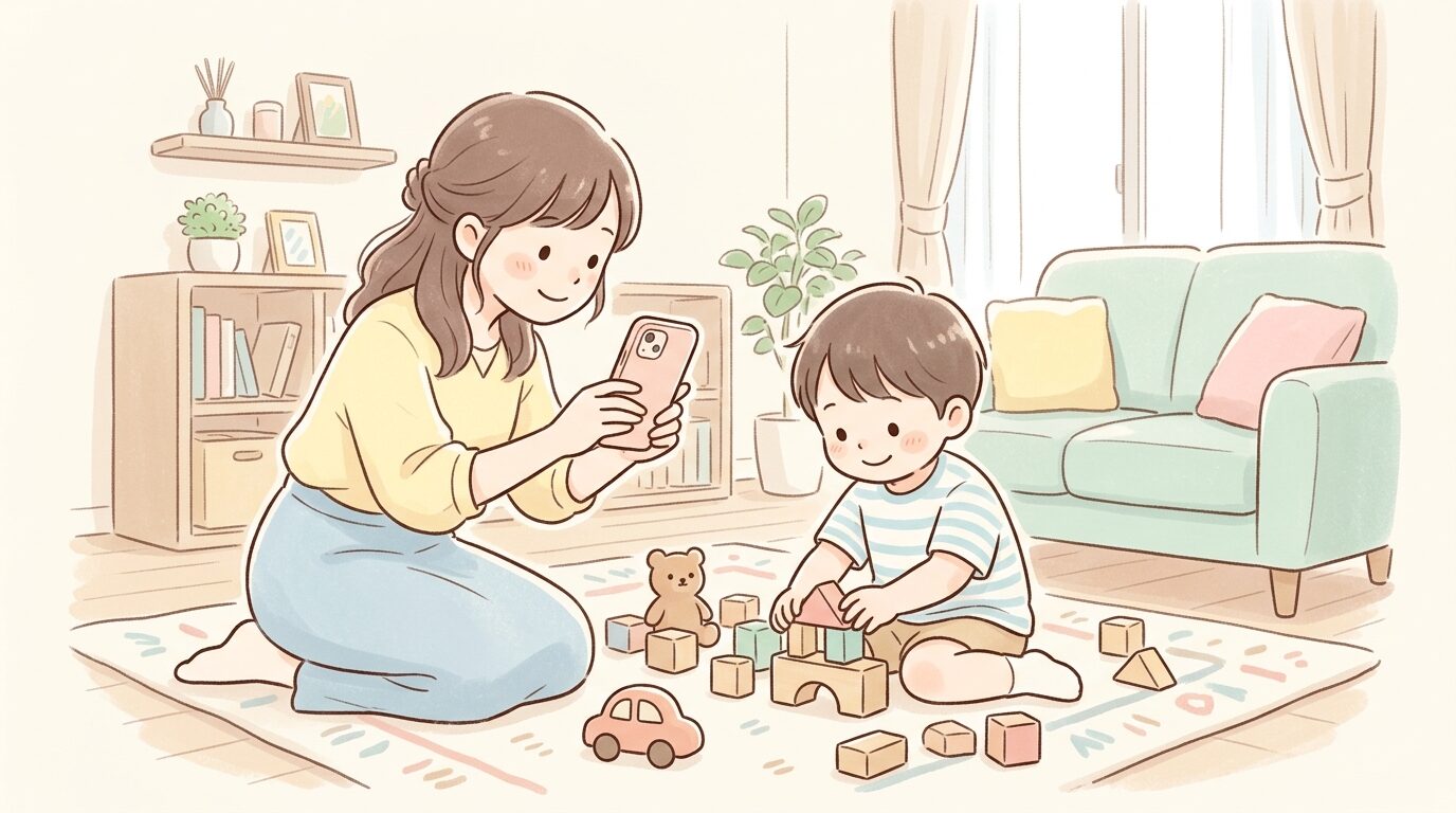 リビングでおもちゃに夢中になっている3歳児をスマホで斜め下から撮影する様子