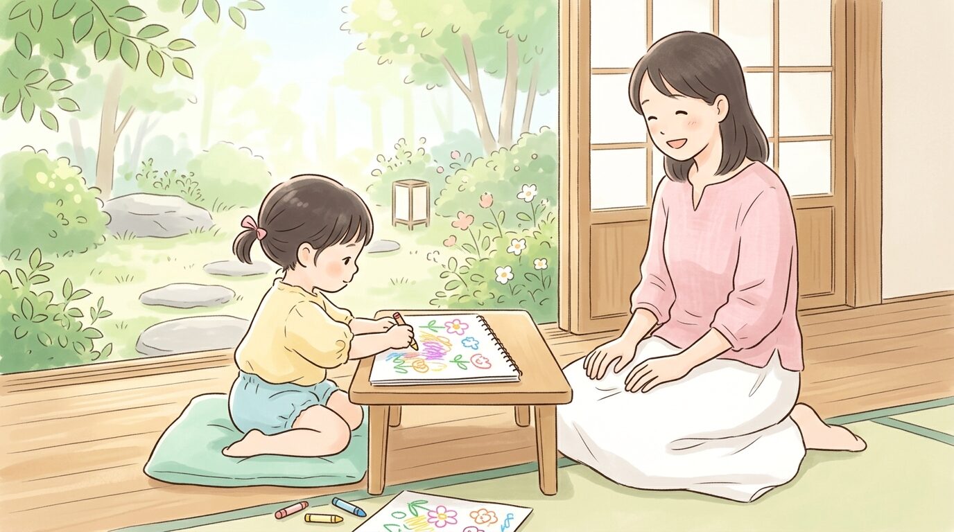 縁側でお絵かきに集中する3歳児の横顔と、それを見守りながら微笑む親の様子