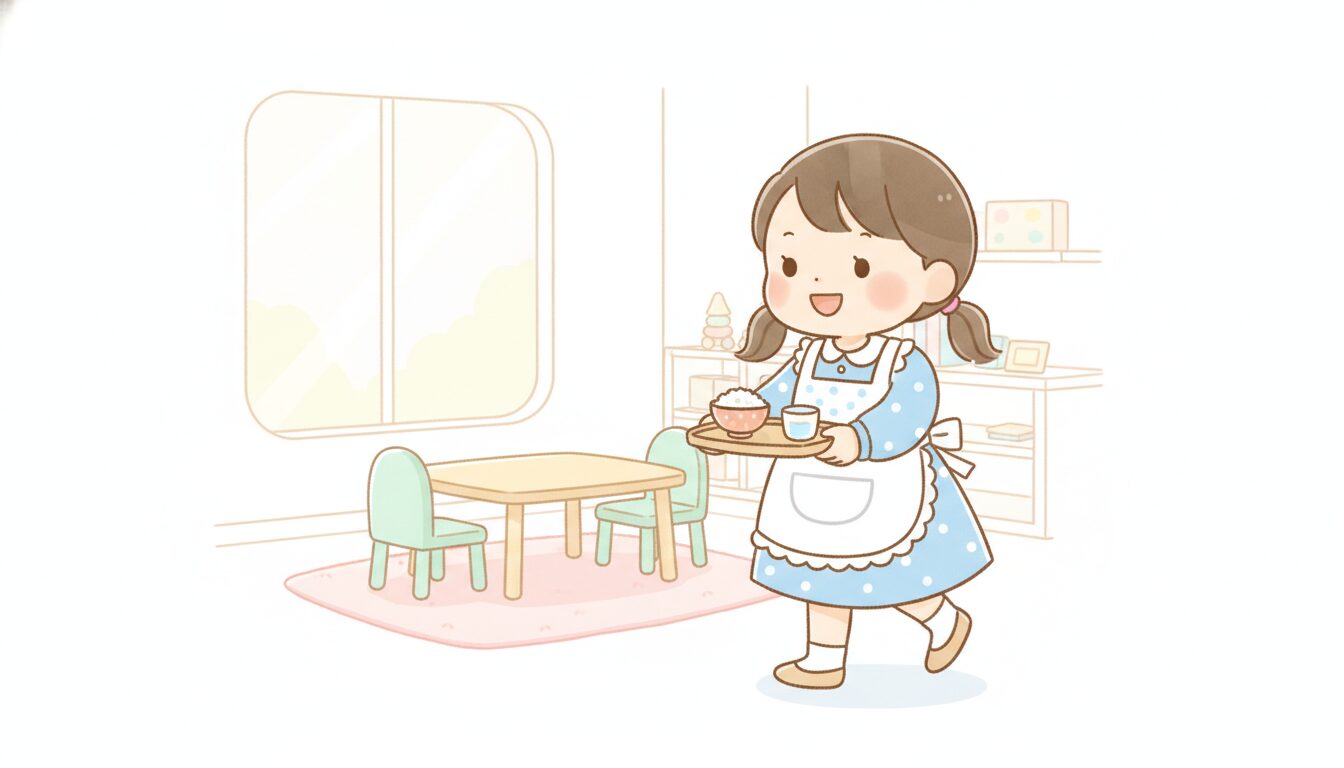小さなお盆を両手で持ちながら笑顔でテーブルへ運ぶ3歳くらいの女の子、明るいリビングのダイニングシーン