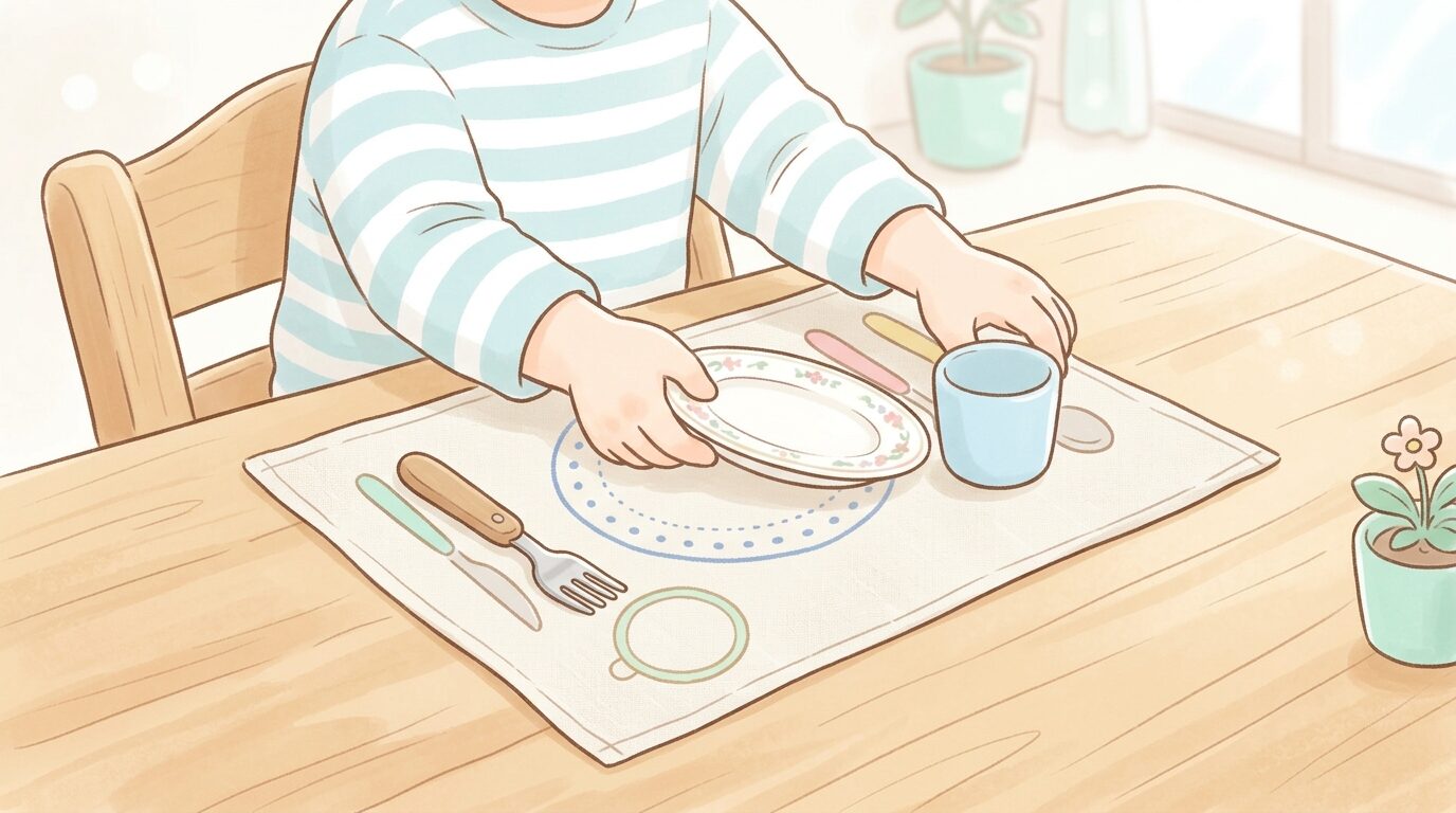 お皿やコップ、フォークの絵が描かれたランチョンマットを見ながら食器を並べる子どもの手元、あたたかい木のテーブル