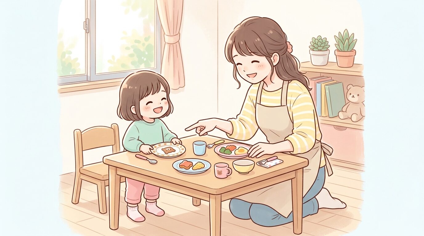 テーブルに並べたお皿を指差しながら子どもを笑顔で見つめて褒める母親、温かい日差しが入るダイニング