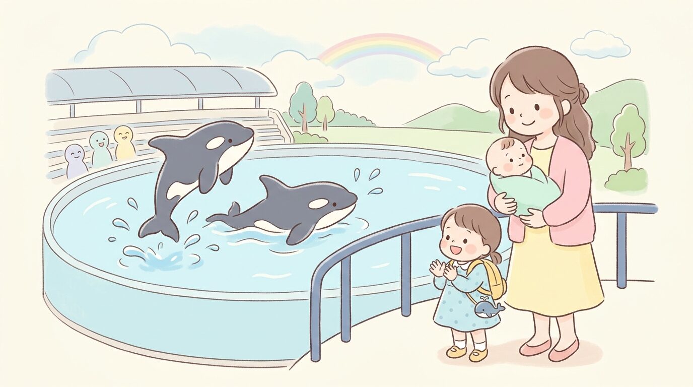 鴨川シーワールドのシャチショーを見つめる赤ちゃんを抱いた母親と幼児