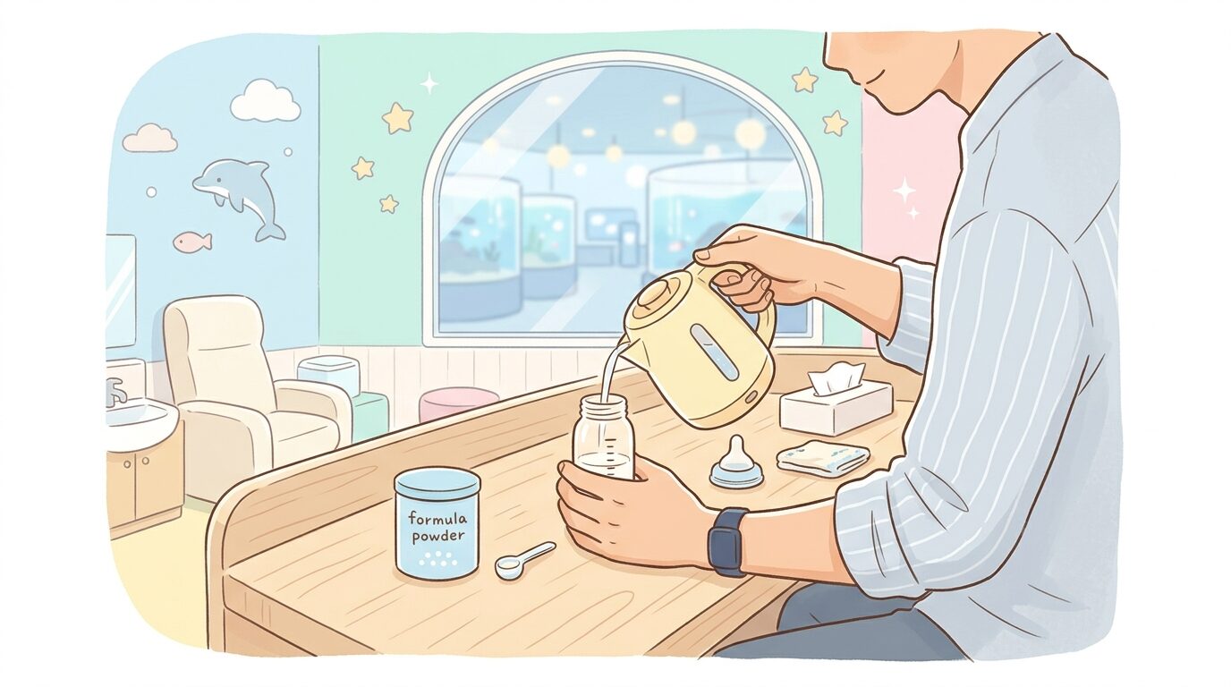 水族館内の明るく清潔な授乳室でミルクを準備する父親の手元
