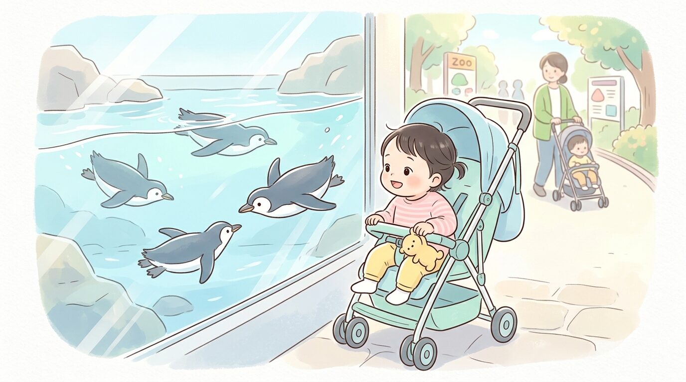 ベビーカーに乗った1歳ぐらいの赤ちゃんがペンギンの水槽を見つめる様子、明るい昼間の動物園