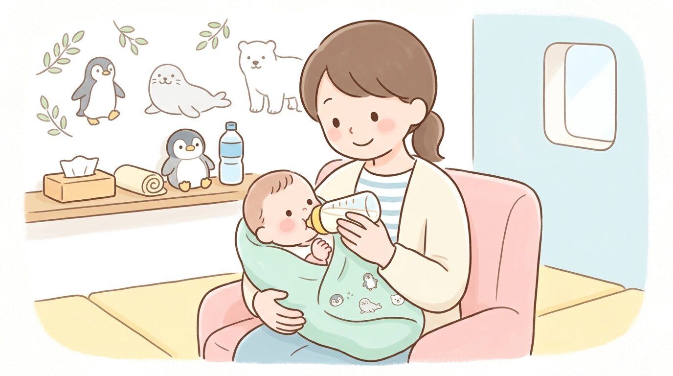 動物園の授乳室で赤ちゃんにミルクを与える親の手元、明るく清潔な室内