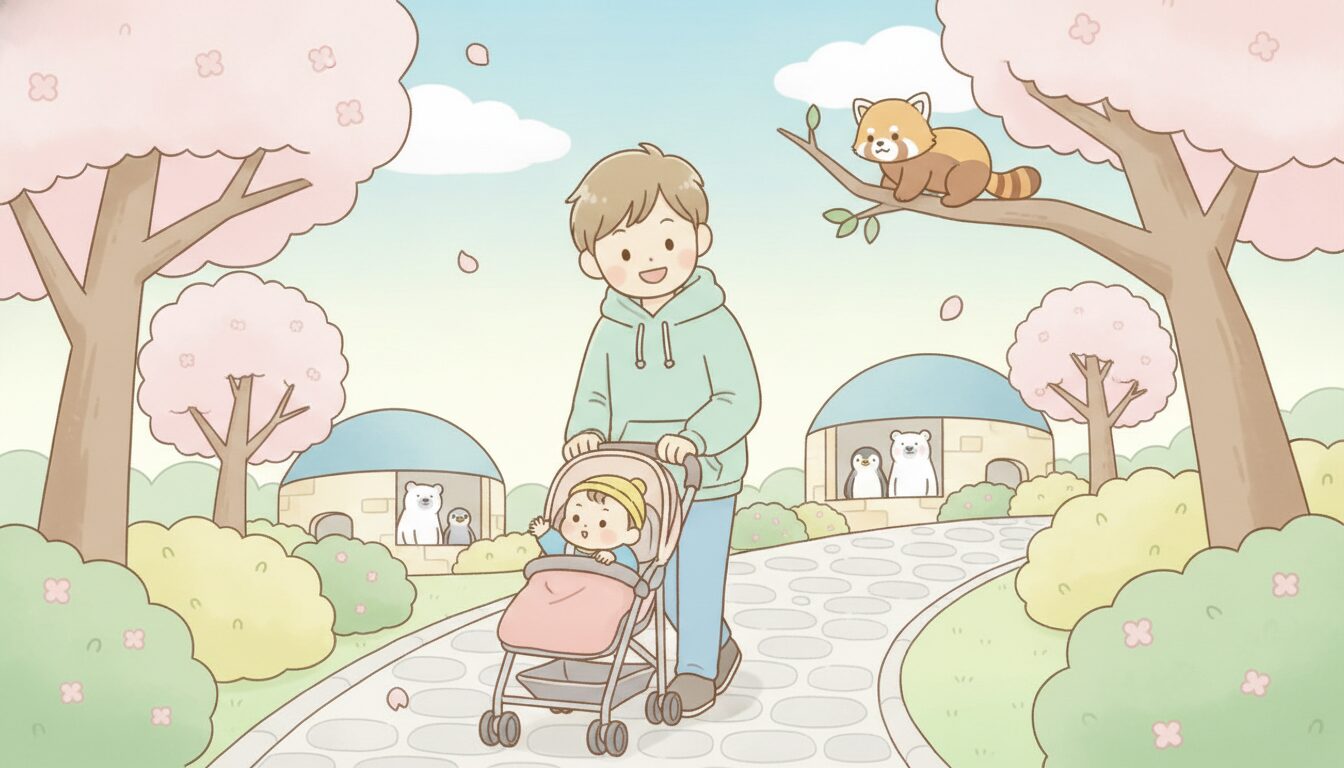 旭山動物園の坂道をベビーカーを押しながら歩く父親と幼児、雪のない季節の園内風景