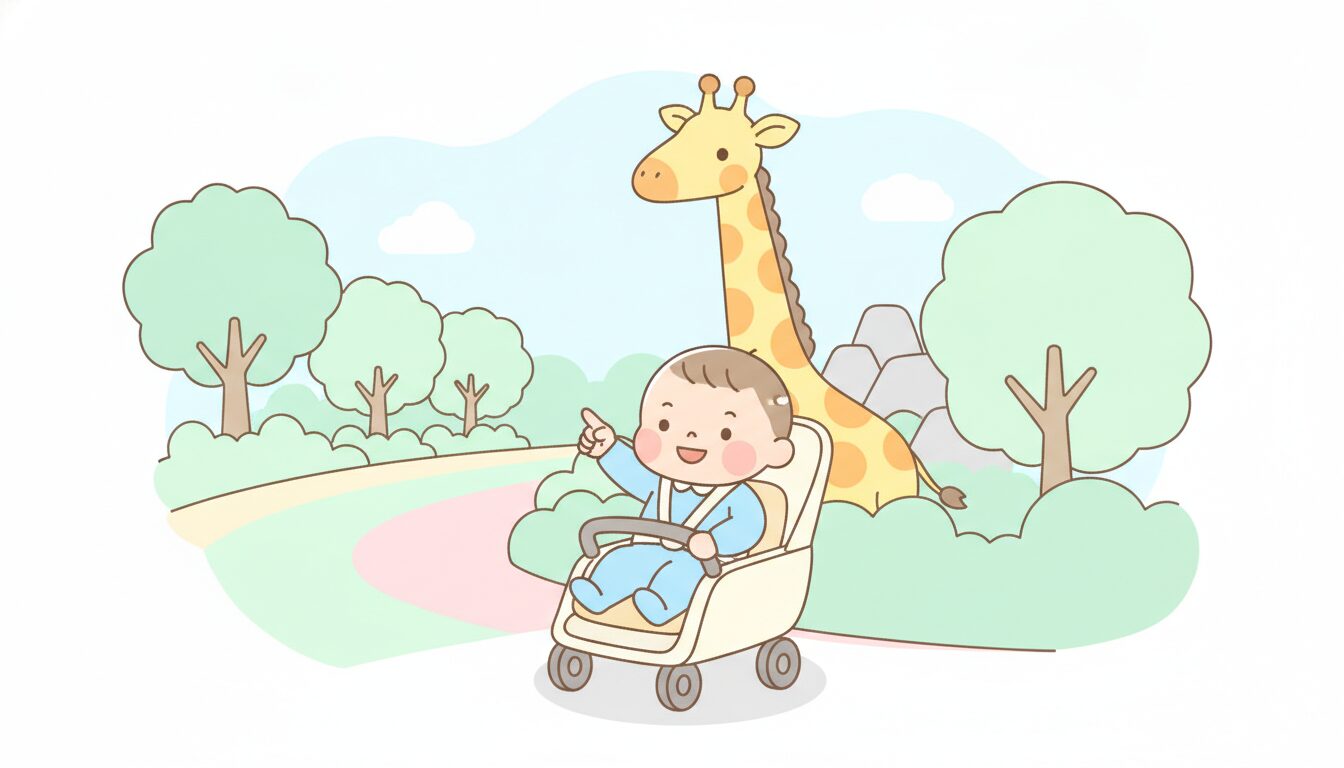 ベビーカーに乗った1歳児が動物園の緑豊かな通路で楽しそうにキリンを指さす様子