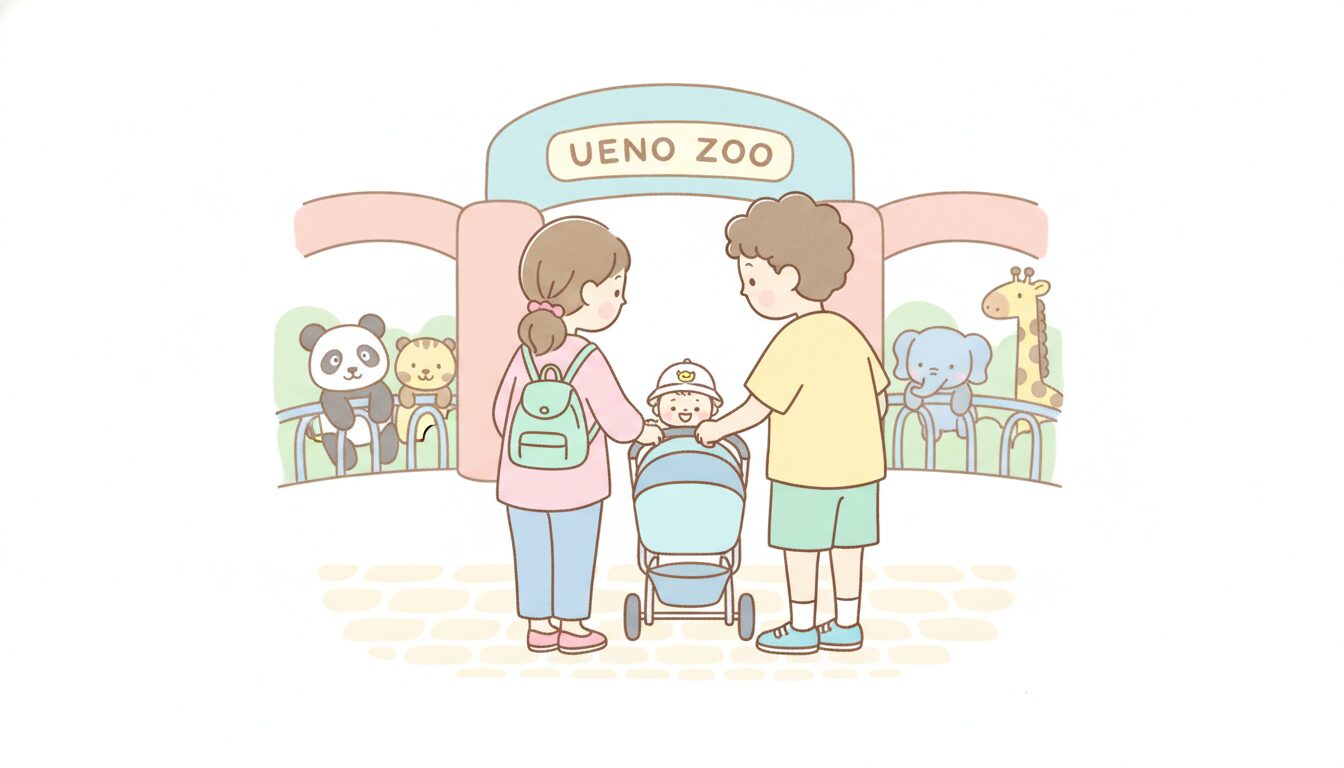 動物園の入り口付近でレンタルベビーカーに幼児を乗せる母親と父親の後ろ姿