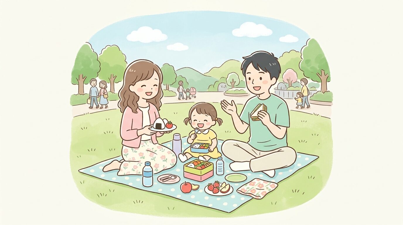 西園の芝生広場でシートを広げてお弁当を食べる家族連れの様子