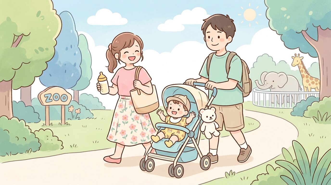 東武動物公園の園内でベビーカーを押しながら笑顔で歩く若い夫婦と幼児