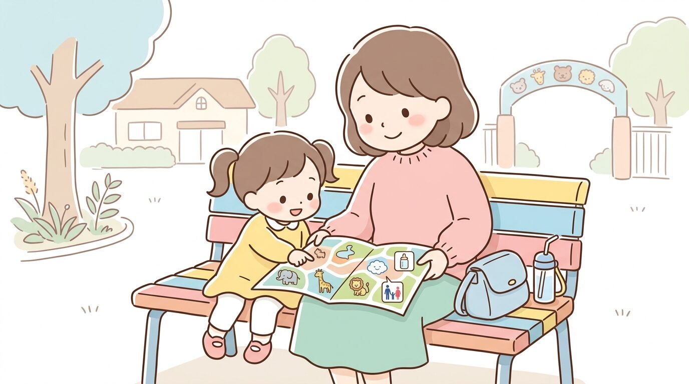 園内マップを広げて授乳室やトイレの位置を確認する母親と小さな子ども