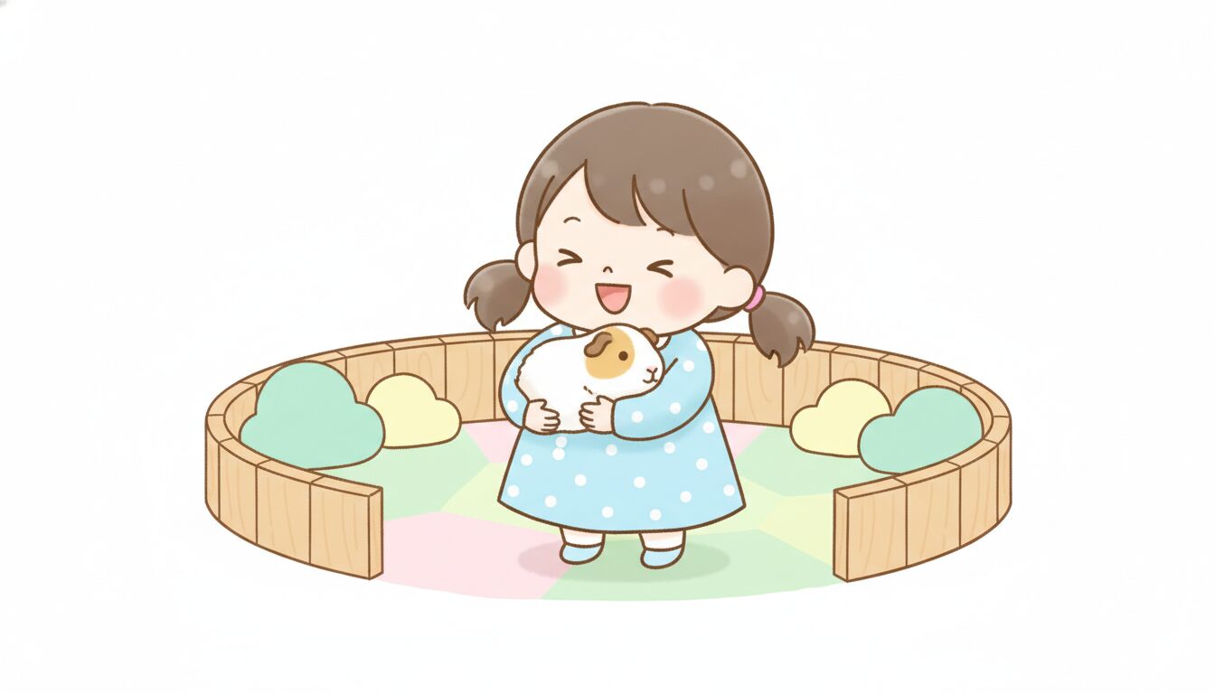 ふれあい動物の森でモルモットをそっと抱っこして笑う小さな女の子