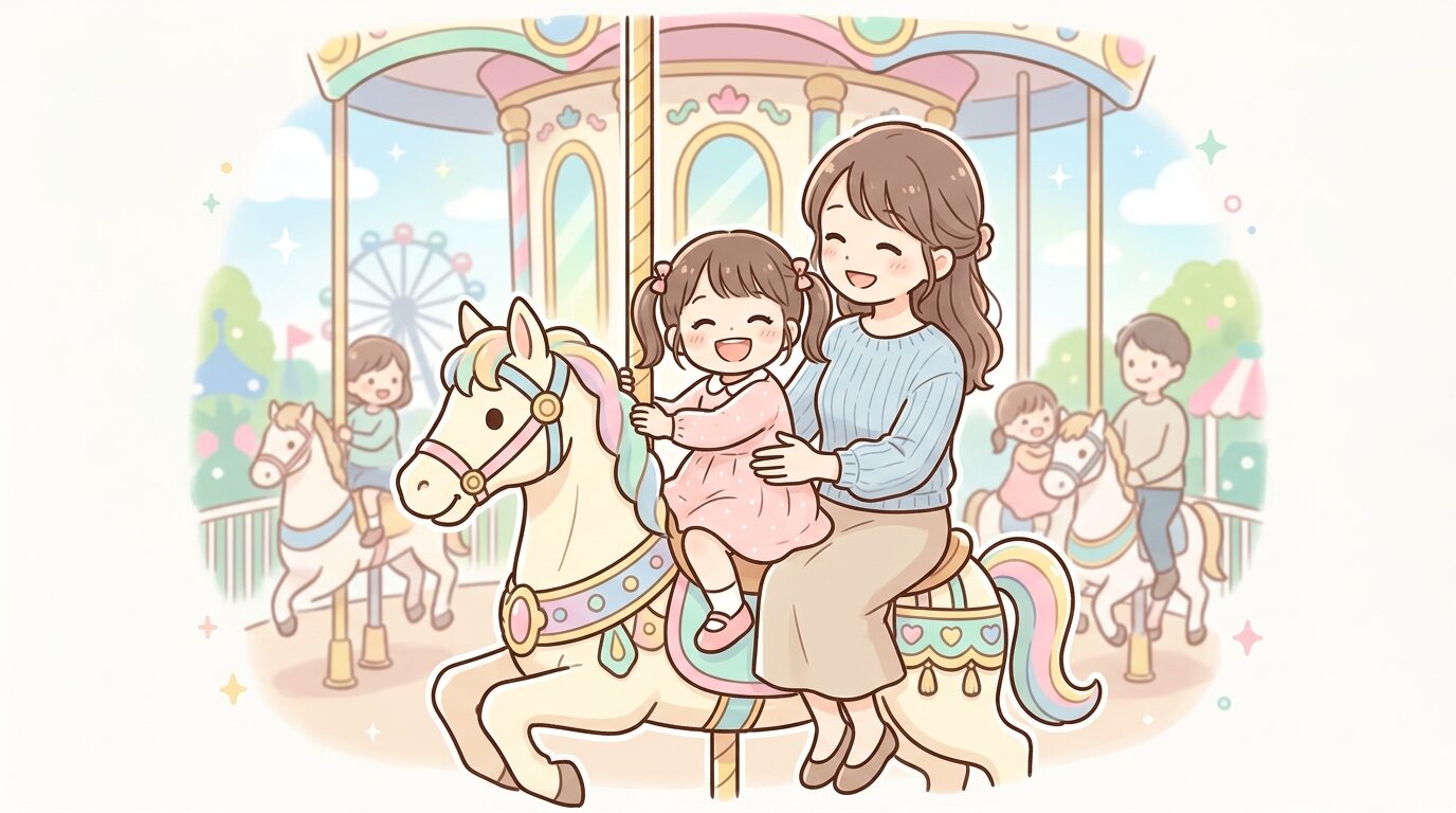 親子で一緒にメリーゴーランドに乗り笑顔を見せる3歳くらいの女の子