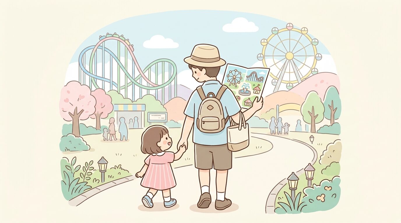よみうりランドの園内マップを確認しながら子供と歩く父親の後ろ姿