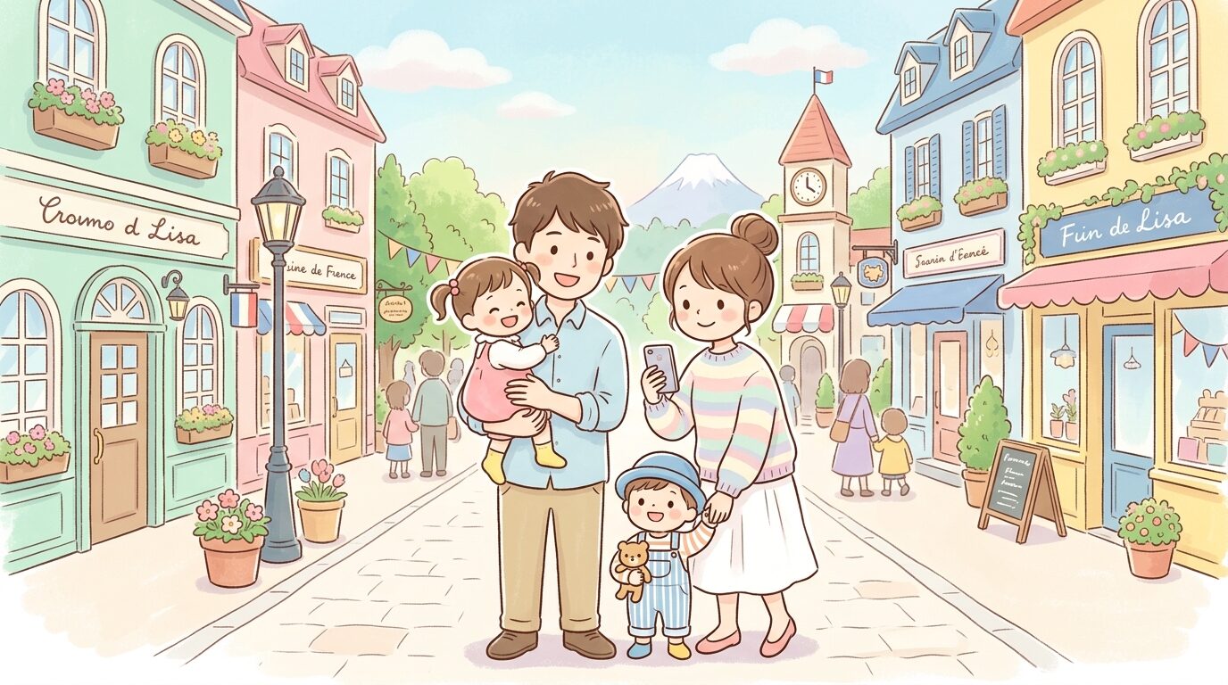 フランス風の街並みが広がるテーマパークエリアで、幼児と一緒に記念撮影を楽しむ両親