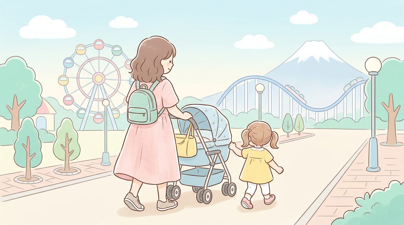 遊園地の通路をベビーカーを押しながら歩く母親と、隣を歩く幼い子どもの後ろ姿