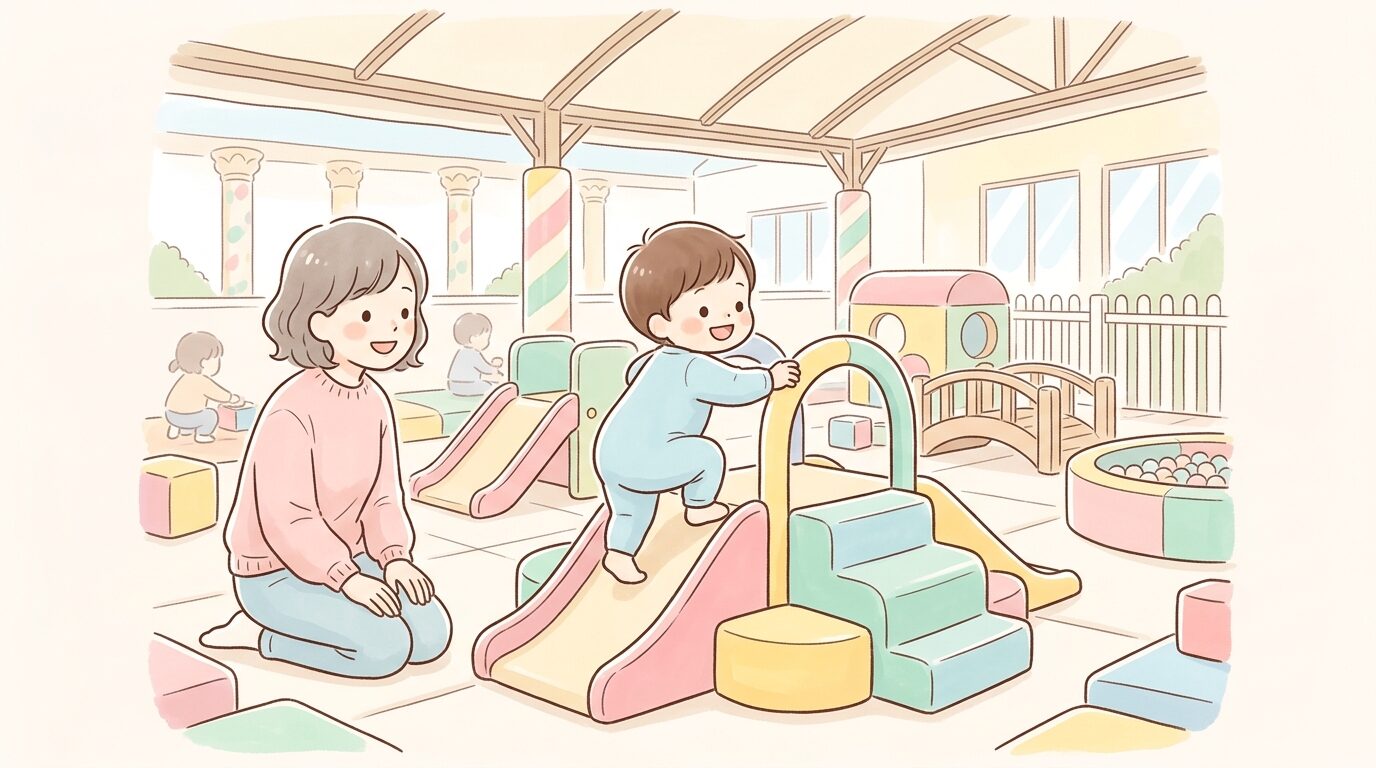 屋根付きのちびっこひろばで色とりどりの遊具を楽しむ1〜3歳くらいの幼児と見守る母親