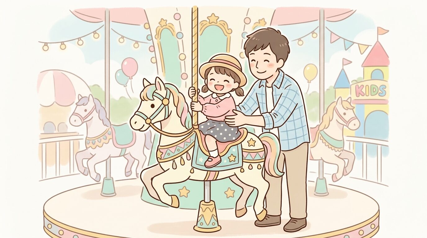 キッズタウンのメリーゴーランドに乗って笑顔を見せる2〜3歳の女の子と隣で支える父親