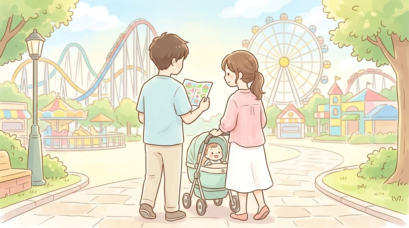 ベビーカーを押しながら遊園地の園内マップを確認する若い夫婦の後ろ姿