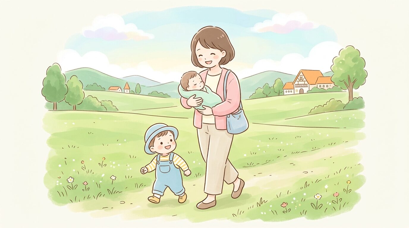 広大な芝生広場で赤ちゃんを抱っこして笑顔で歩く母親と、隣で歩くよちよち歩きの幼児