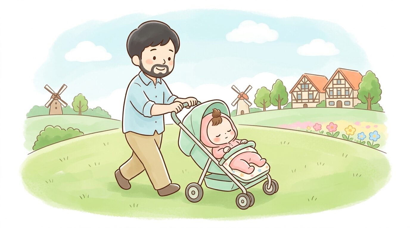 芝生の上を歩くベビーカーを押す父親と、ベビーカーの中で眠る小さな子ども
