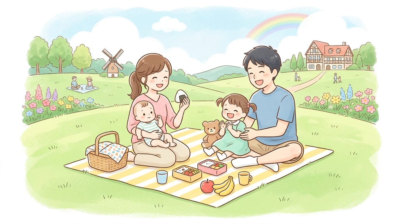 芝生の上にレジャーシートを広げてピクニックをする家族と小さな子ども