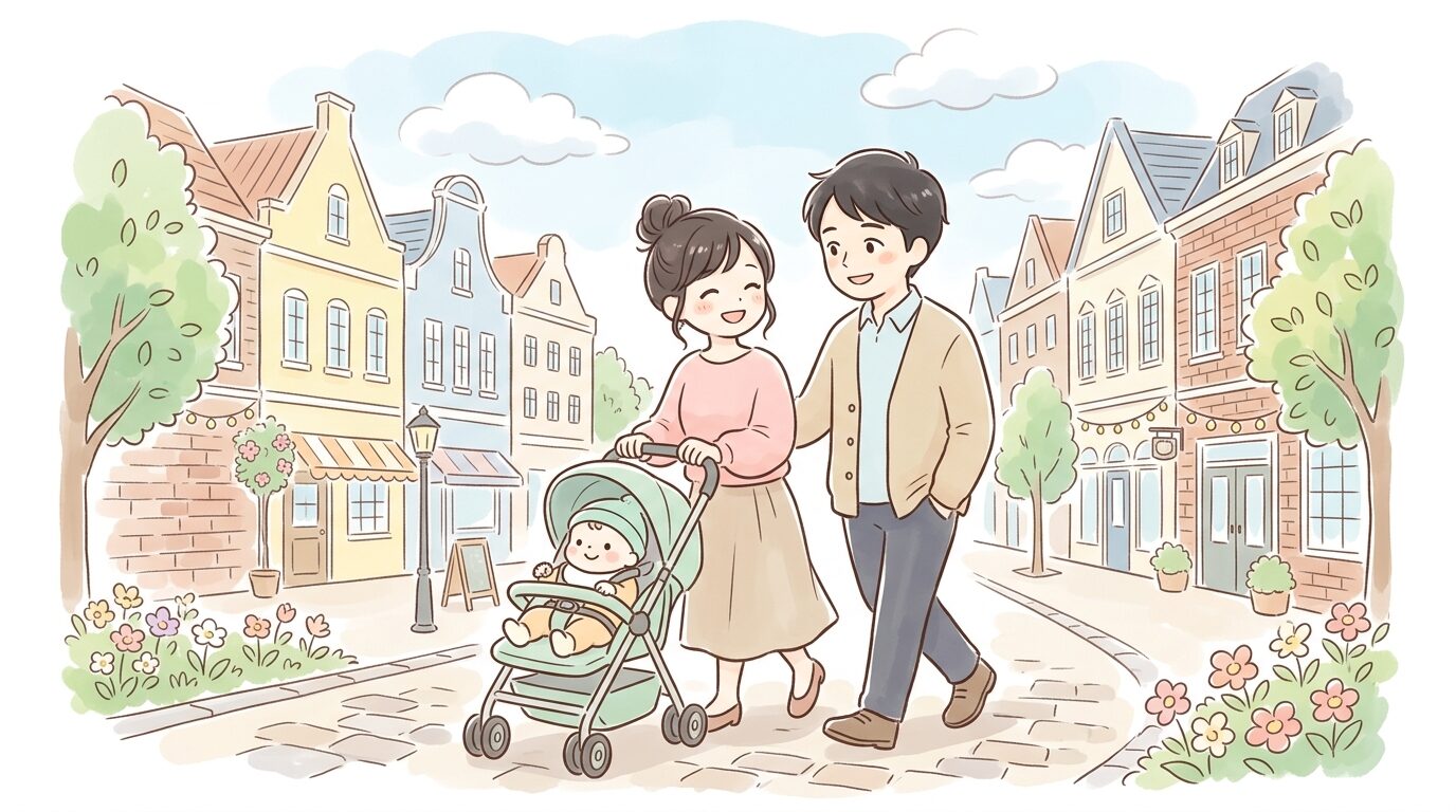 ヨーロッパ風の街並みを背景にベビーカーを押して散策する若い夫婦と赤ちゃん