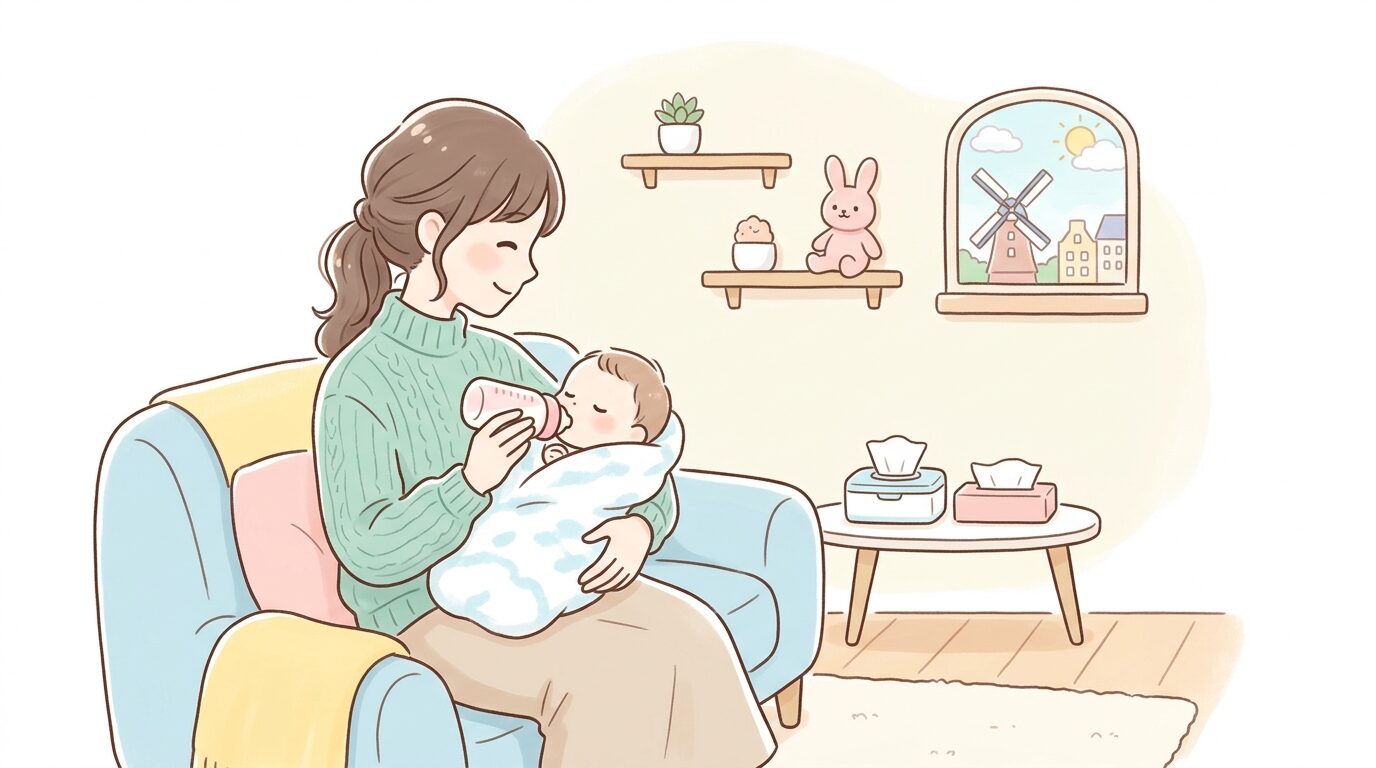 明るく清潔な授乳室でソファに座り赤ちゃんにミルクをあげる母親の横顔