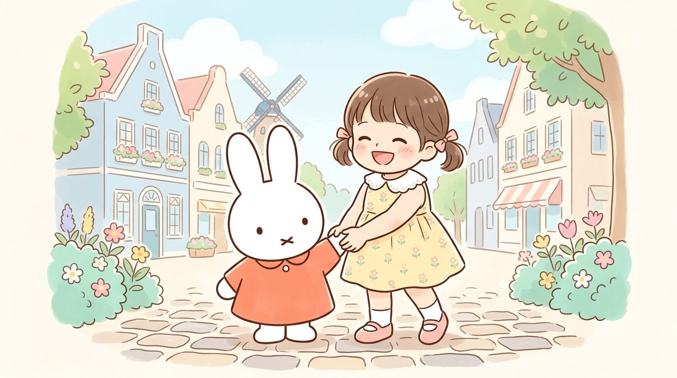 ミッフィーのキャラクターと一緒に写真を撮る笑顔の小さな女の子