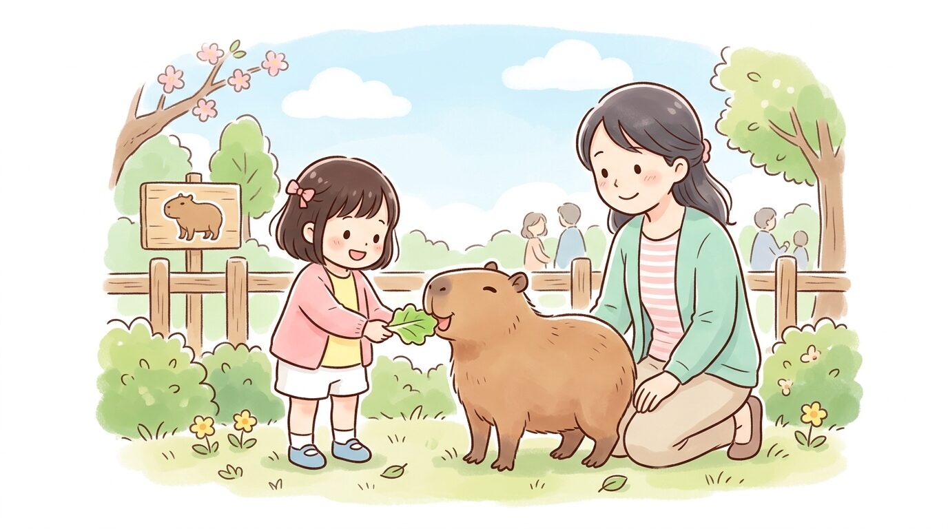 カピバラに葉物野菜を優しく差し出す3歳くらいの女の子と、隣で見守る母親の温かい表情