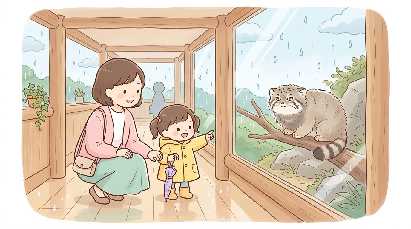 屋根付きの回廊を歩きながら窓越しにマヌルネコを覗き込む親子連れの様子、雨の日の落ち着いた館内の雰囲気