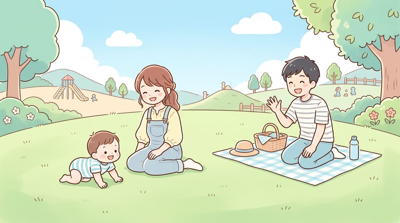 広い芝生広場でハイハイをする赤ちゃんと見守る母親、青空の下で笑顔の家族