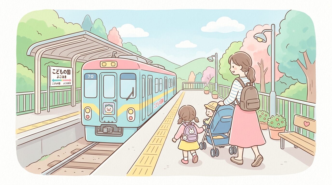 こどもの国駅のホームに停車する電車と、ベビーカーを押して歩く親子の後ろ姿