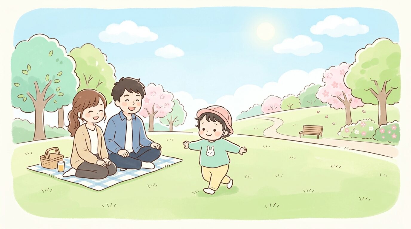 芝生広場でよちよち歩きをする1歳児と見守る両親、春の陽射しの中でのどかな公園風景