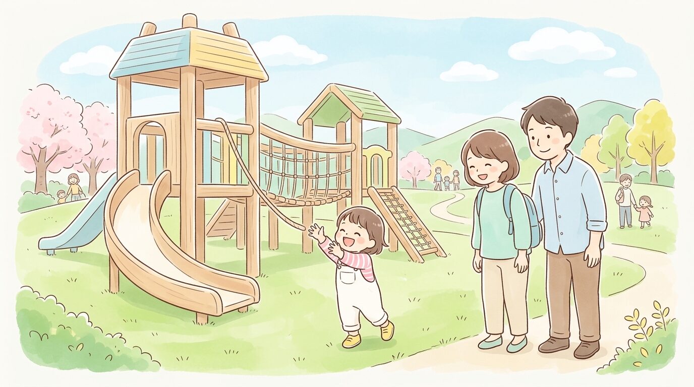 大型木製遊具の前で楽しそうに手を伸ばす2歳児と、その様子を笑顔で見守る家族