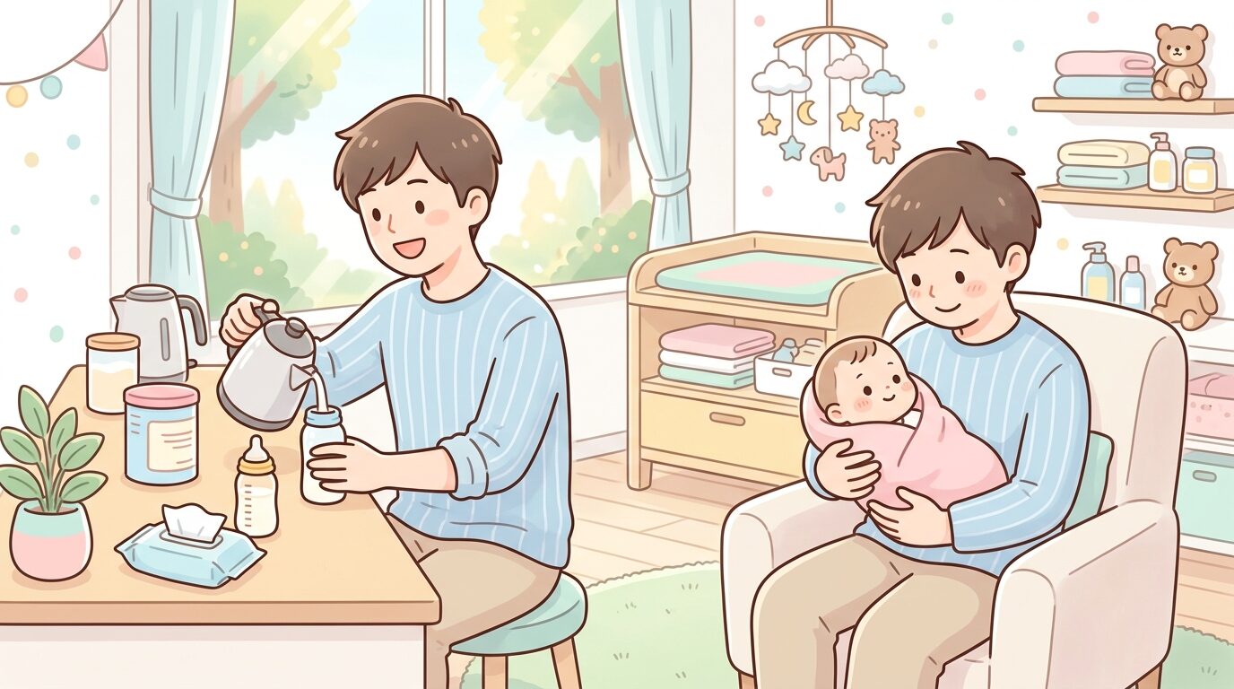 清潔感のある授乳室でミルクを準備する父親、明るい室内で赤ちゃんを抱っこしている様子