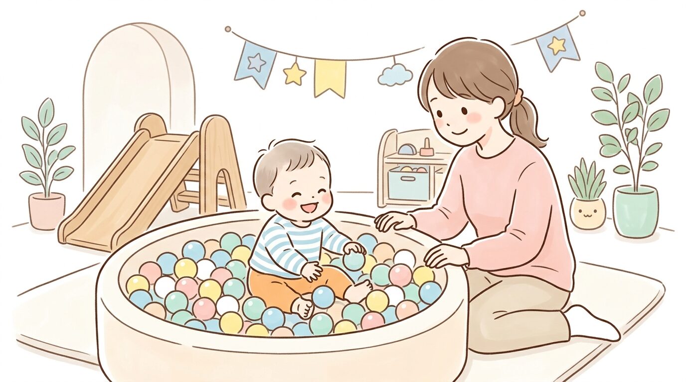 明るい室内あそび場でボールプールに笑顔で座る1歳児と見守る母親