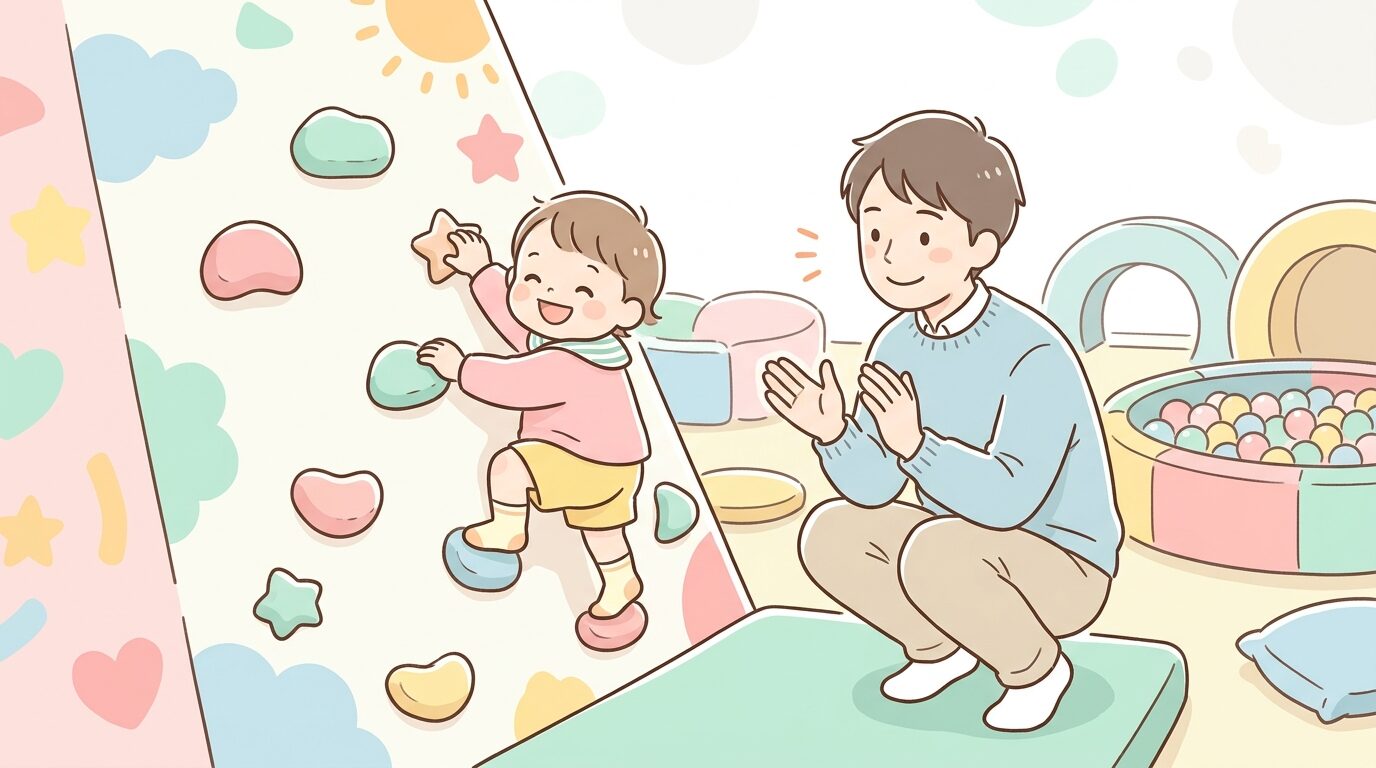 大型のクライミングウォールに挑戦する2歳児と隣で応援する父親
