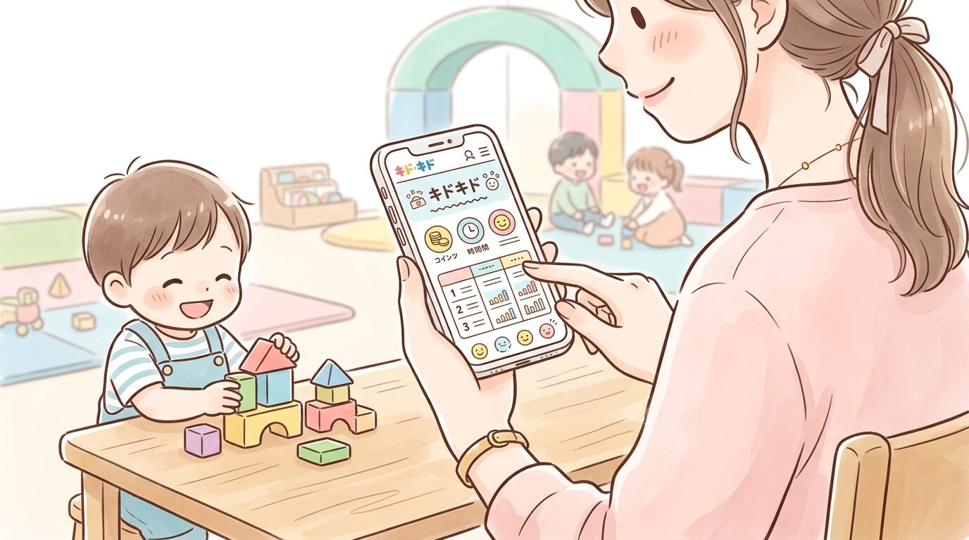 スマートフォンでキドキド公式サイトの料金ページを確認する母親の手元