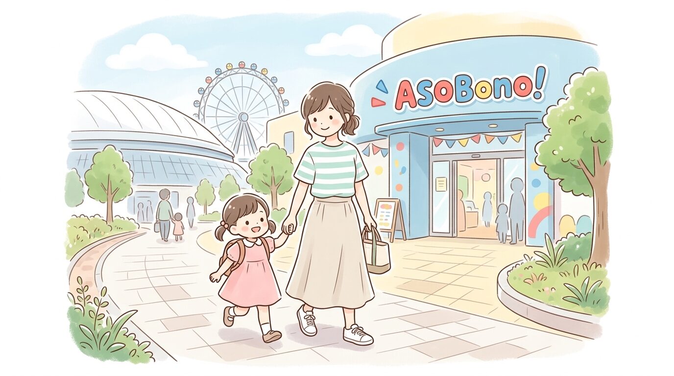 東京ドームシティの入口で親子が手をつないで歩く様子
