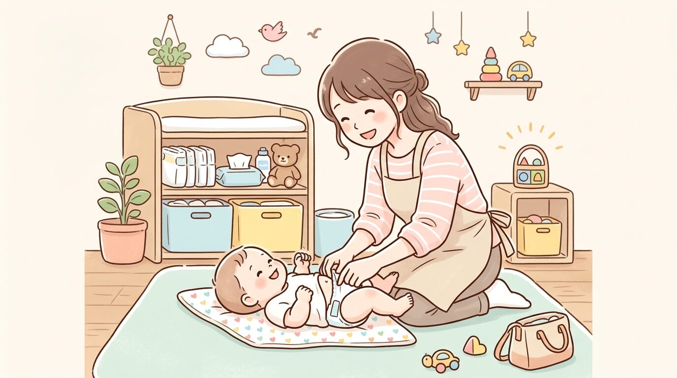 ベビールームで赤ちゃんのおむつを替える親子の様子