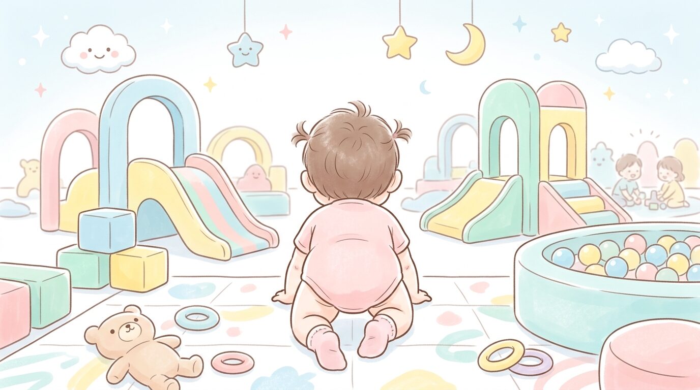 明るい室内遊園地でカラフルな遊具に囲まれながらハイハイする赤ちゃんの後ろ姿