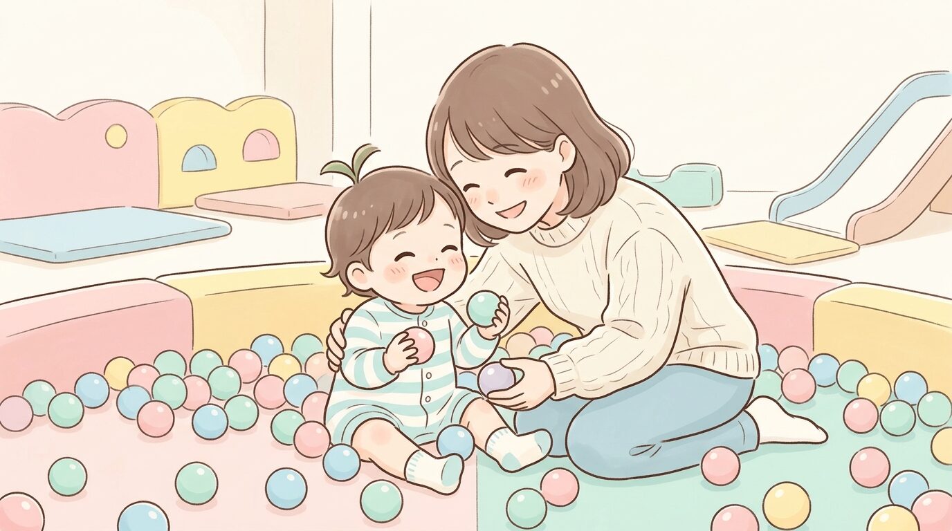 ミルキッズひろばでボールプールに入りながら笑顔で遊ぶ2歳くらいの子どもと寄り添う母親