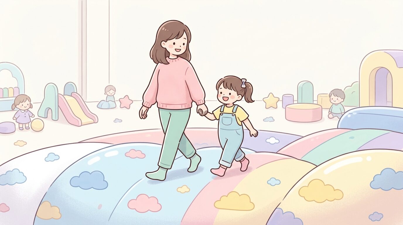 平日の空いた室内遊園地で親子が並んで大きなふわふわ遊具の上を歩いている様子