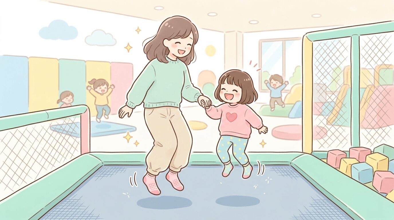 室内トランポリンパークで親子が手をつないで一緒にジャンプして笑っている様子